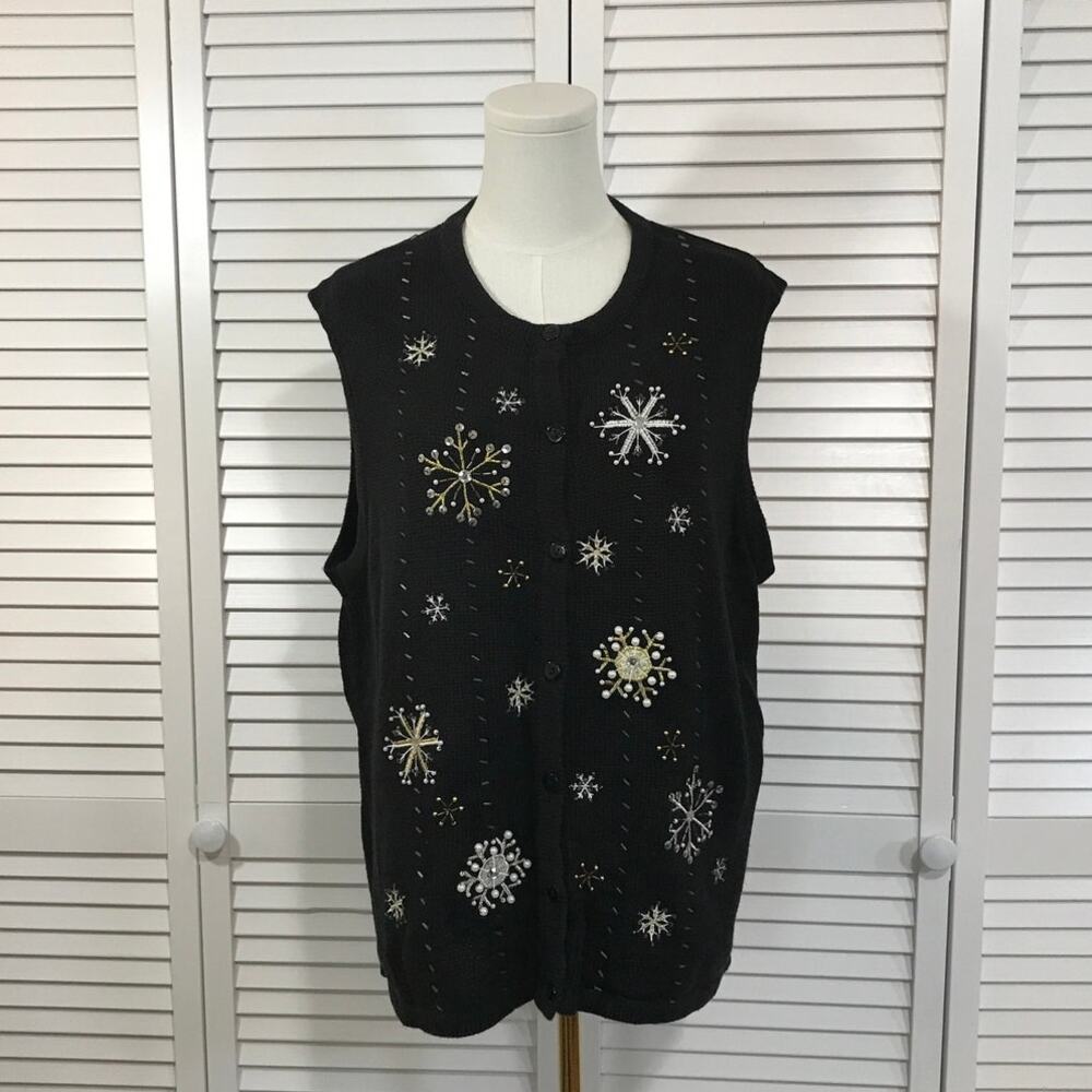 Kim Rogers Vintage 90s Holiday Embellished Snowflakes Black Sweater XL